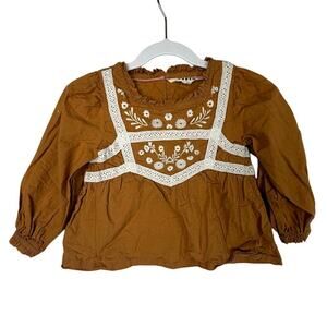Mini Boden Babydoll Blouse Top Girls 2-3Y Brown Ruffle Embroidered Long Sleeve